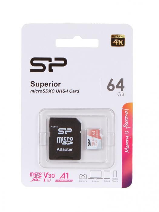 Карта памяти 64Gb - Silicon Power Superior A1 MicroSDXC Class 10 UHS-I U3 SP064GBSTXDV3V20SP с адаптером SD (Оригинальная!)